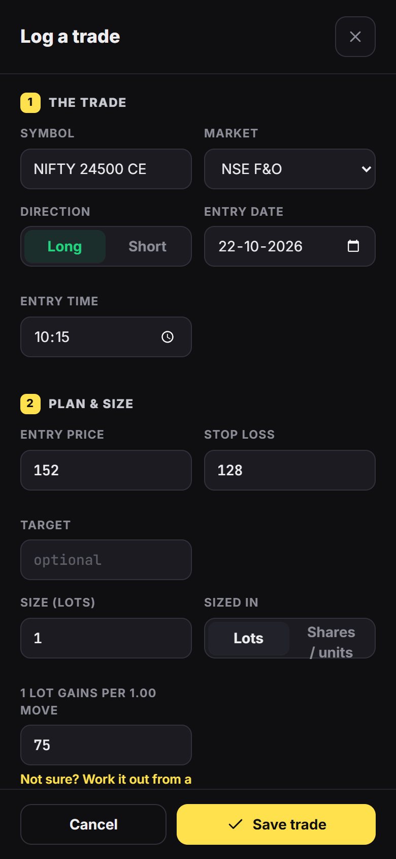 Log a trade with the position sizer